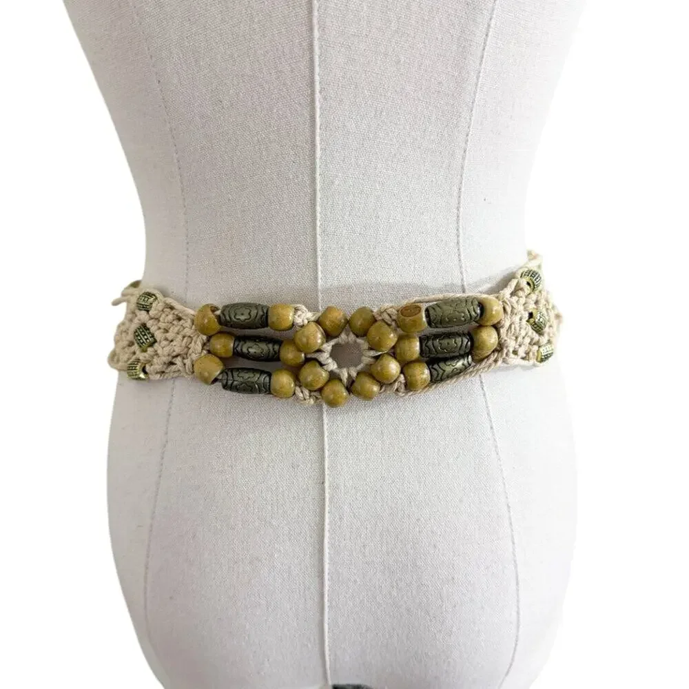 Vintage Y2K Tan Beaded Macrame Belt Women's Size OS EUC Tie Closure